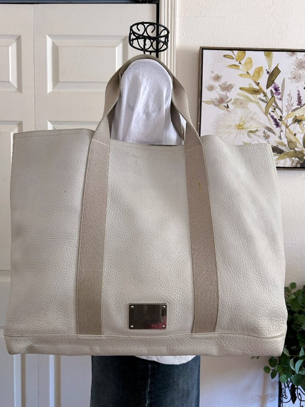 Mulberry Cream Leather Tote with Beige Canvas Straps